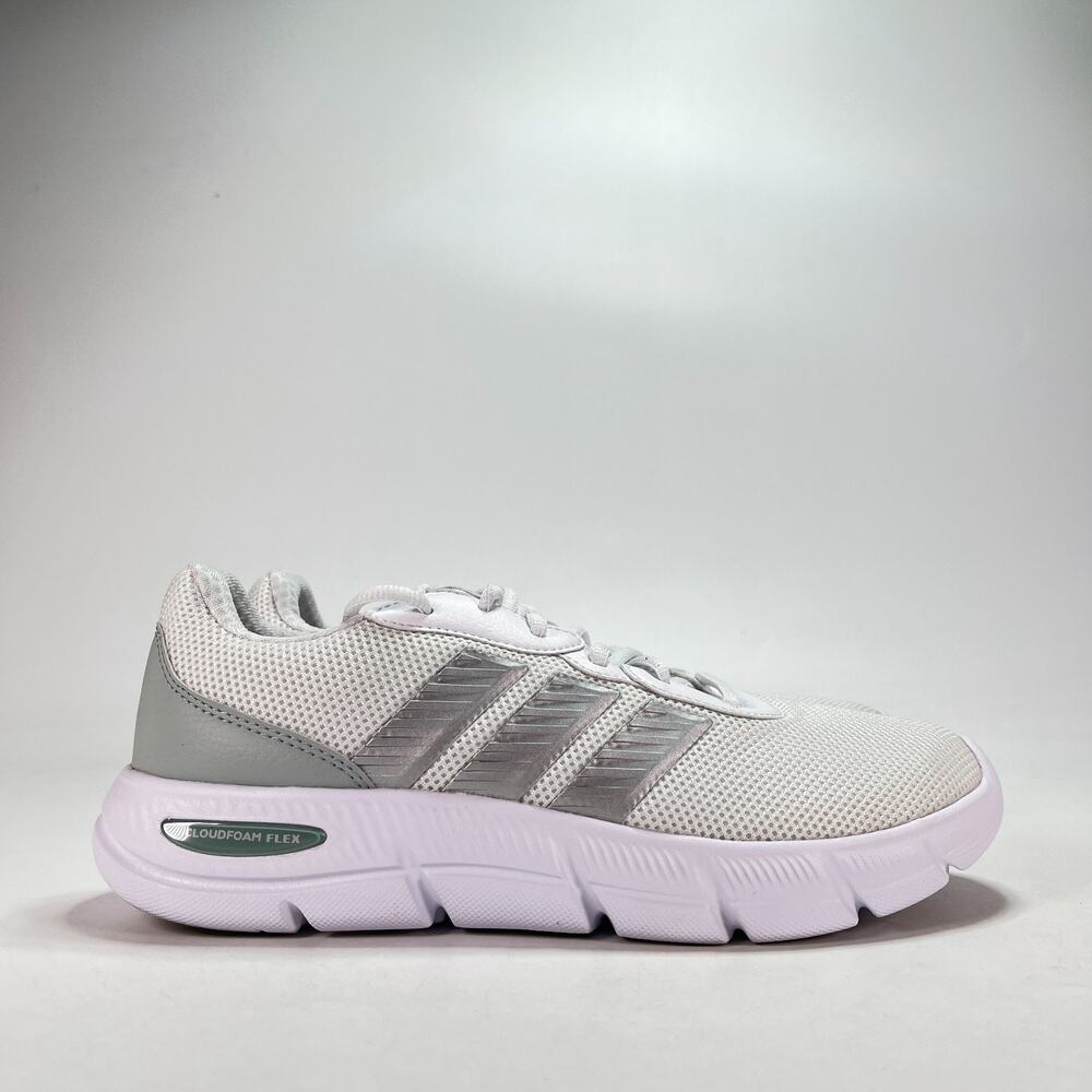 adidas Cloudfoam Flex Laces White Silver Metallic Sneakers JS4891 Women's Sz 8.5